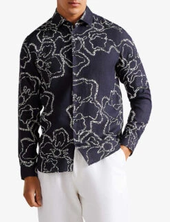 Ted Baker Arnly Floral-print Regular-fit Linen Shirt -Fit & Flow Clothing Sales Store R03946721 NAVY ALT02