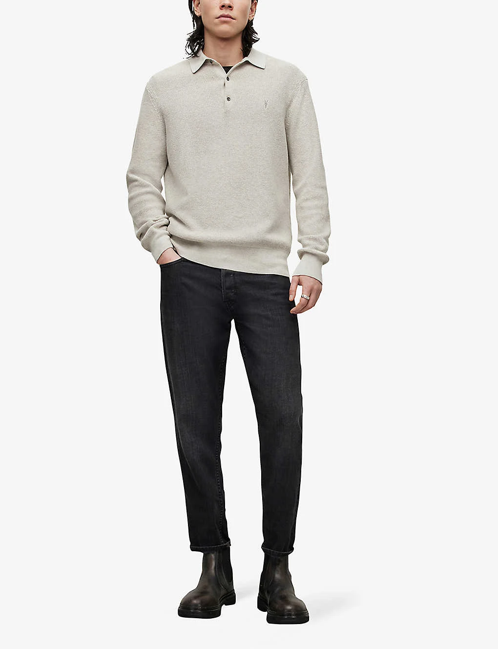 AllSaints Aspen Logo-embroidered Long-sleeved Cotton-blend Polo Shirt 2 AllSaints Aspen Logo-embroidered Long-sleeved Cotton-blend Polo Shirt - Image 2