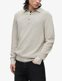 AllSaints Aspen Logo-embroidered Long-sleeved Cotton-blend Polo Shirt 7 AllSaints Aspen Logo-embroidered Long-sleeved Cotton-blend Polo Shirt -Fit & Flow Clothing Sales Store R04005366 LIGHTGREYMAR ALT02