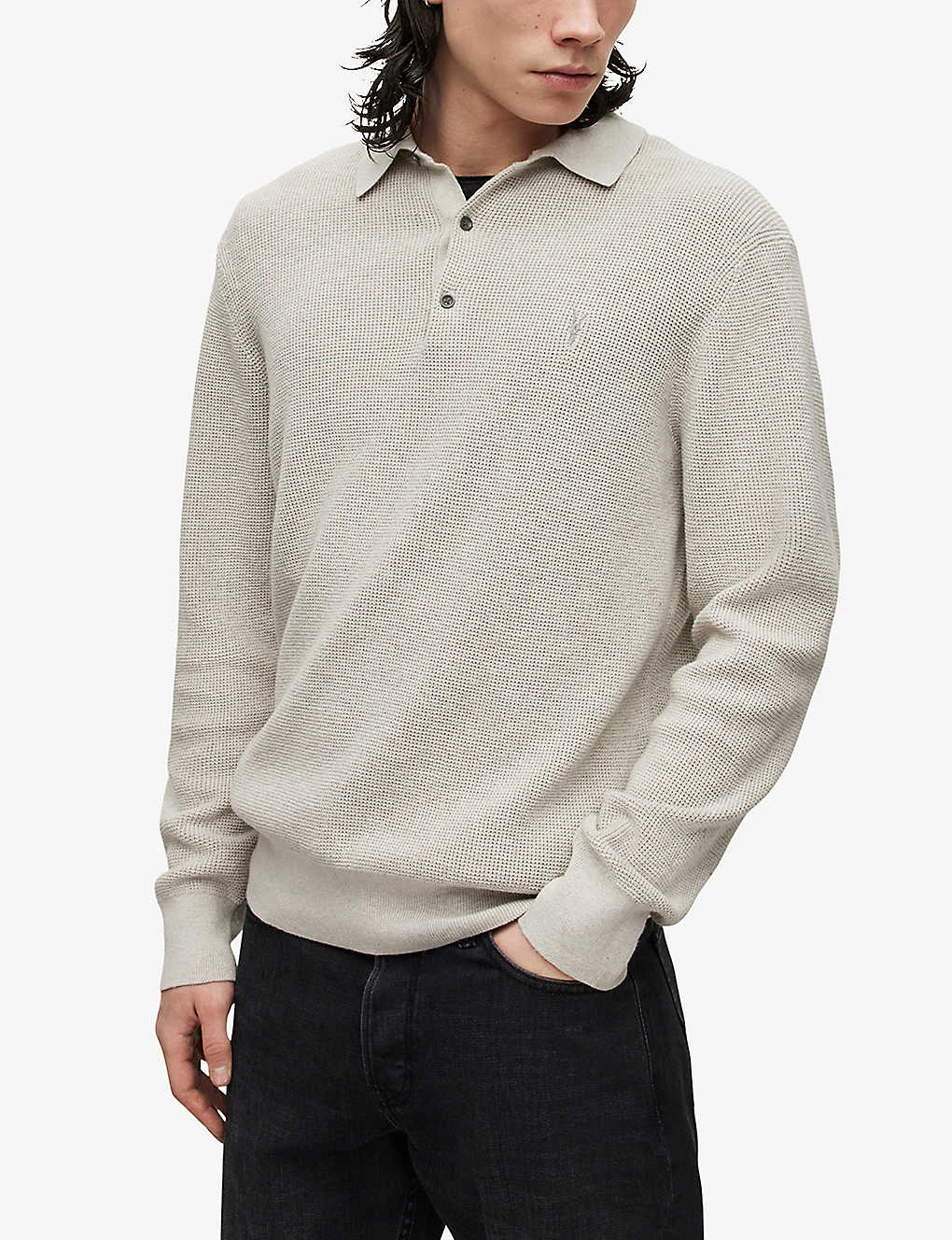 AllSaints Aspen Logo-embroidered Long-sleeved Cotton-blend Polo Shirt 3 AllSaints Aspen Logo-embroidered Long-sleeved Cotton-blend Polo Shirt - Image 3