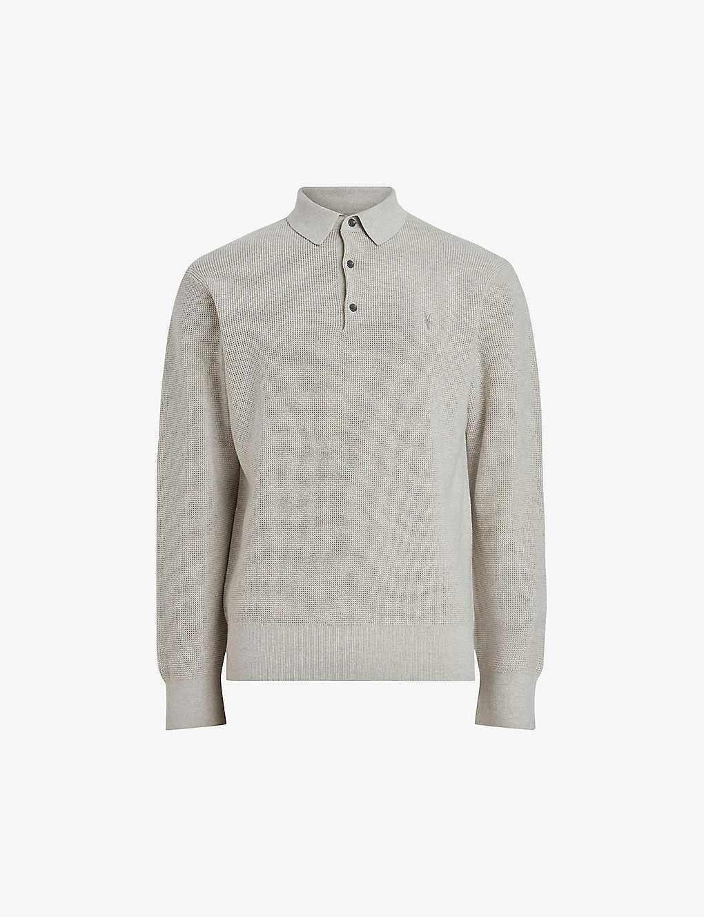 AllSaints Aspen Logo-embroidered Long-sleeved Cotton-blend Polo Shirt 1 AllSaints Aspen Logo-embroidered Long-sleeved Cotton-blend Polo Shirt