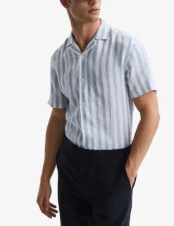 Reiss Rufus Cuban-collar Stripe-pattern Linen Shirt -Fit & Flow Clothing Sales Store R04068120 SOFTBLUESTRIP ALT02