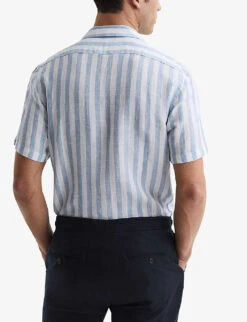 Reiss Rufus Cuban-collar Stripe-pattern Linen Shirt -Fit & Flow Clothing Sales Store R04068120 SOFTBLUESTRIP ALT03