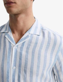 Reiss Rufus Cuban-collar Stripe-pattern Linen Shirt -Fit & Flow Clothing Sales Store R04068120 SOFTBLUESTRIP ALT04