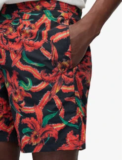 AllSaints Mesquida Graphic-print Drawstring Woven Shorts 9 AllSaints Mesquida Graphic-print Drawstring Woven Shorts -Fit & Flow Clothing Sales Store R04082488 JETBLKRED ALT04