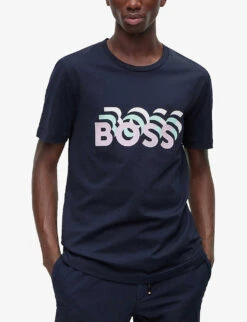 Boss Brand-print Ribbed-trim Cotton T-shirt -Fit & Flow Clothing Sales Store R04093707 DARKBLUE ALT02