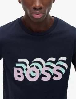 Boss Brand-print Ribbed-trim Cotton T-shirt -Fit & Flow Clothing Sales Store R04093707 DARKBLUE ALT04