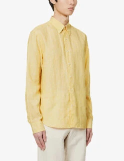 Oscar Jacobson Button-down Pleated-cuff Regular-fit Linen Shirt -Fit & Flow Clothing Sales Store R04145851 SUNSHINEYELLOW ALT02