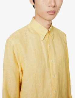 Oscar Jacobson Button-down Pleated-cuff Regular-fit Linen Shirt -Fit & Flow Clothing Sales Store R04145851 SUNSHINEYELLOW ALT04