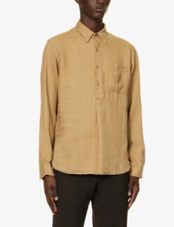 Brand-embroidered Curved-hem Relaxed-fit Linen Shirt -Fit & Flow Clothing Sales Store R04147820 ICONKHAKI ALT02