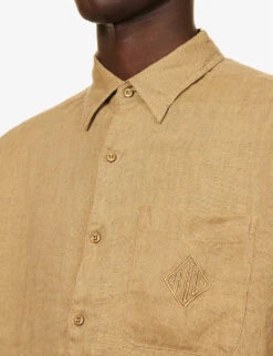Brand-embroidered Curved-hem Relaxed-fit Linen Shirt -Fit & Flow Clothing Sales Store R04147820 ICONKHAKI ALT04