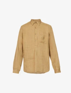 Brand-embroidered Curved-hem Relaxed-fit Linen Shirt