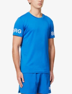 Bjorn Borg Brand-print Crewneck Recycled-polyester-blend T-shirt -Fit & Flow Clothing Sales Store R04148045 BLUE ALT02