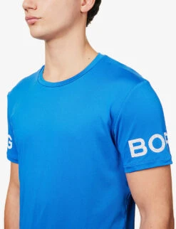 Bjorn Borg Brand-print Crewneck Recycled-polyester-blend T-shirt -Fit & Flow Clothing Sales Store R04148045 BLUE ALT04