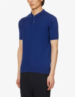 JOHN SMEDLEY Ribbed-texture Short-sleeved Wool Polo Shirt -Fit & Flow Clothing Sales Store R04160627 LAPIS ALT02