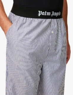Palm Angels Striped Branded-waistband Cotton-poplin Pyjama Bottoms -Fit & Flow Clothing Sales Store R04166078 BLUEBLACK ALT04
