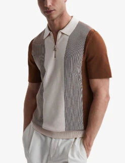Reiss Milton Striped Zipped-collar Stretch-woven Polo Shirt -Fit & Flow Clothing Sales Store R04169244 TOBACCOCREAM ALT02