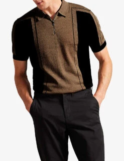 Ted Baker Contrasting-panelled Zip-neck Merino-wool Polo Shirt -Fit & Flow Clothing Sales Store R04173334 TAN ALT02