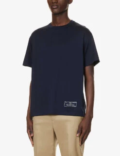 Valentino Tag Brand-patch Cotton-jersey T-shirt -Fit & Flow Clothing Sales Store R04181440 NAVY ALT02