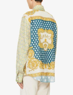 Versace Brand-print Contrast-panel Regular-fit Linen Shirt -Fit & Flow Clothing Sales Store R04181572 LIGHTBLUEIVORY ALT03