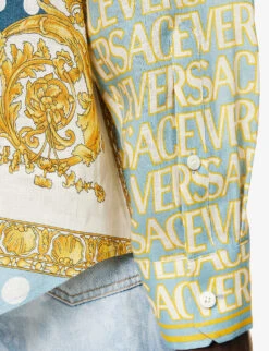 Versace Brand-print Contrast-panel Regular-fit Linen Shirt -Fit & Flow Clothing Sales Store R04181572 LIGHTBLUEIVORY ALT05