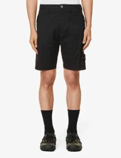 Stone Island Cargo Logo-badge Straight-leg Stretch-cotton Shorts -Fit & Flow Clothing Sales Store R04188759 BLACK ALT02