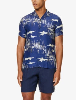 ORLEBAR BROWN Hibbert Printed Regular-fit Linen-blend Shirt -Fit & Flow Clothing Sales Store R04195409 MIDNIGHTNAVYSEAMIST ALT02
