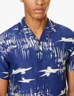 ORLEBAR BROWN Hibbert Printed Regular-fit Linen-blend Shirt -Fit & Flow Clothing Sales Store R04195409 MIDNIGHTNAVYSEAMIST ALT04